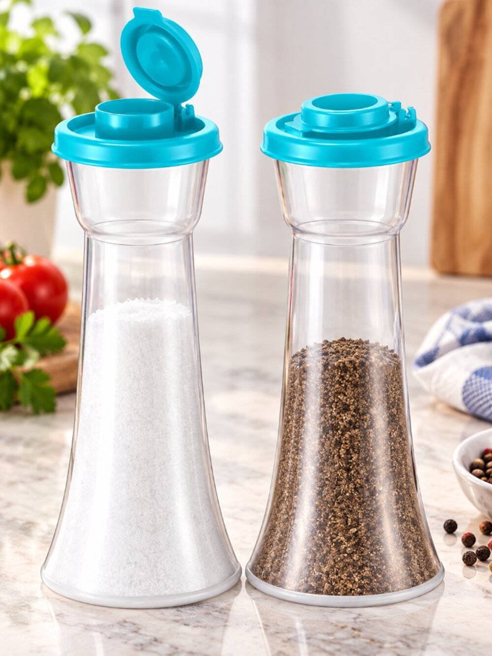 2 Set Plastic Salt & Pepper Shakers with Lids, Ocean Blue, Hourglass Kitchen Set